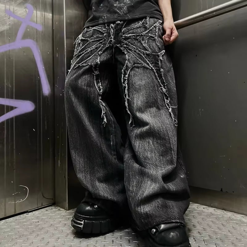 Gothic Retro Oversized Baggy Fit Unisex Mopping Pants Y2K Phantom Jeans High Street Spider Embroidered Patch Hip Hop Streetwear