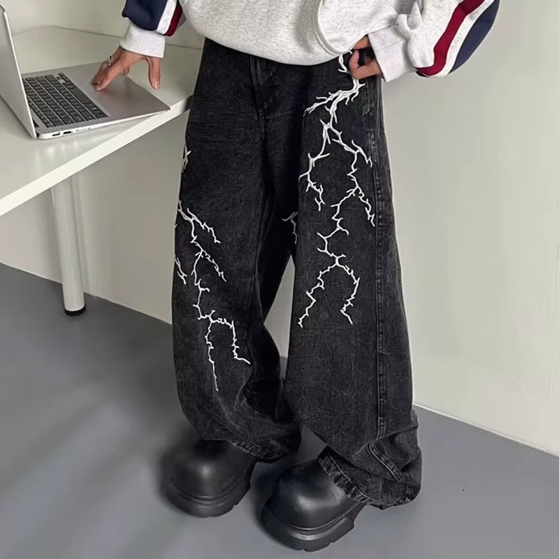 2024 Cyber Y2K Streetwear Embroidery Lightning Black Baggy Jeans Pants Men 90S Vintage Clothes Wide Leg Hip Hop Long Trousers