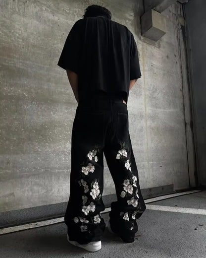 Y2K Baggy Jeans Harajuku Vintage Cherry Blossom Embroidery High Quality Jeans Streetwear Hip Hop Gothic Men Women Wide Leg Jeans