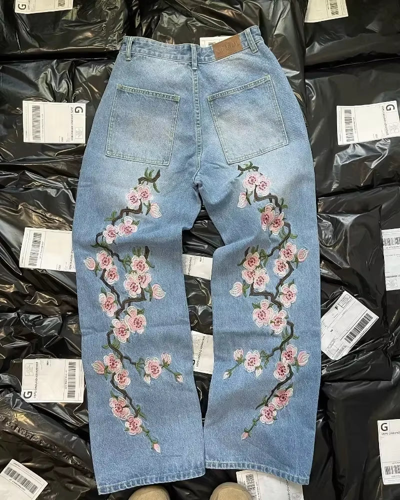 Y2K Baggy Jeans Harajuku Vintage Cherry Blossom Embroidery High Quality Jeans Streetwear Hip Hop Gothic Men Women Wide Leg Jeans