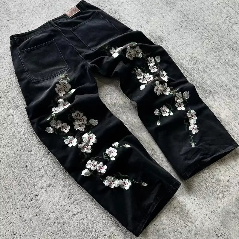 Y2K Baggy Jeans Harajuku Vintage Cherry Blossom Embroidery High Quality Jeans Streetwear Hip Hop Gothic Men Women Wide Leg Jeans