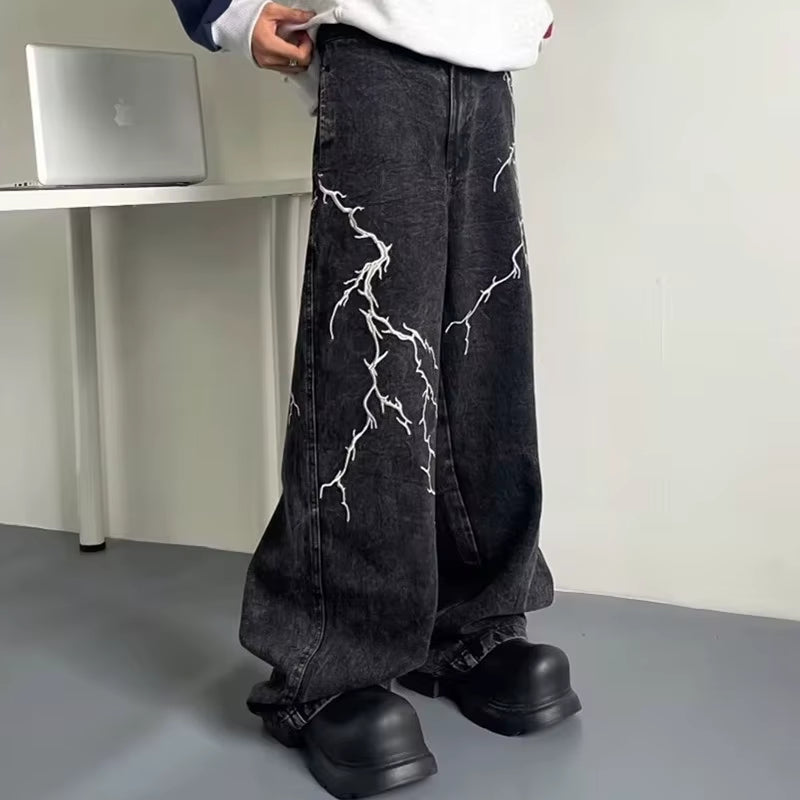 2024 Cyber Y2K Streetwear Embroidery Lightning Black Baggy Jeans Pants Men 90S Vintage Clothes Wide Leg Hip Hop Long Trousers