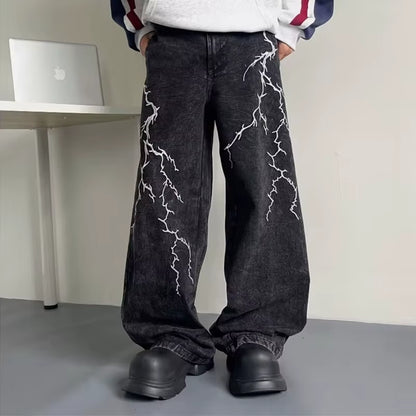 2024 Cyber Y2K Streetwear Embroidery Lightning Black Baggy Jeans Pants Men 90S Vintage Clothes Wide Leg Hip Hop Long Trousers