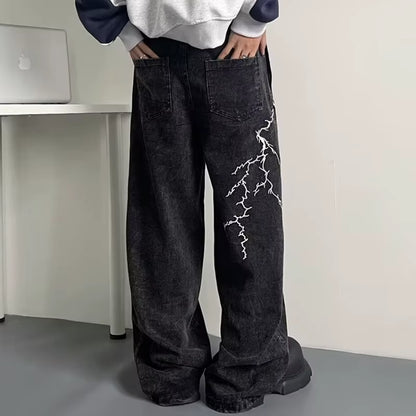 2024 Cyber Y2K Streetwear Embroidery Lightning Black Baggy Jeans Pants Men 90S Vintage Clothes Wide Leg Hip Hop Long Trousers