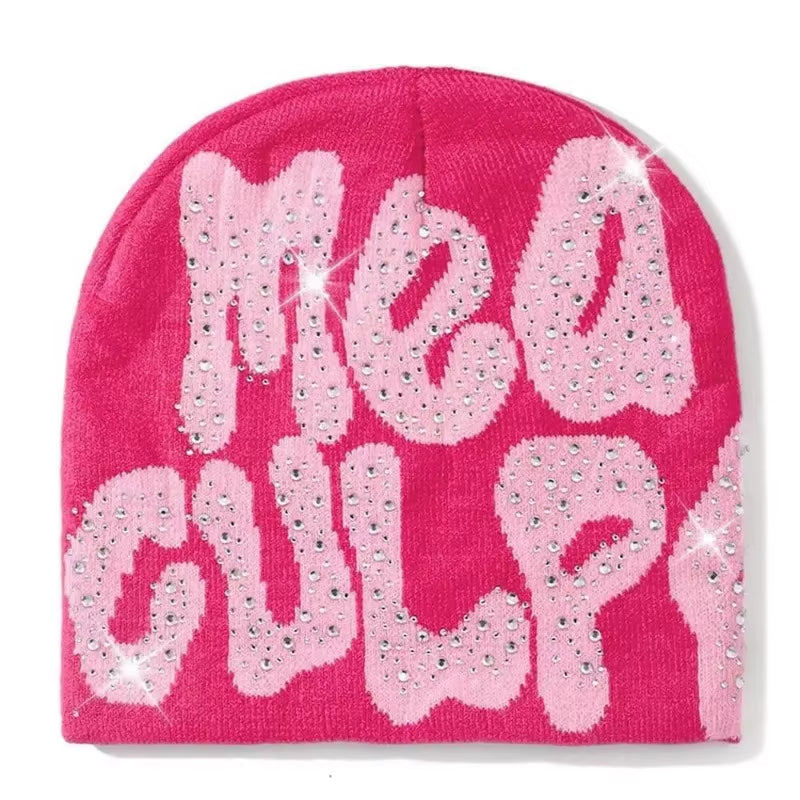 2023 NEW Y2K MEA Culpa Beanies Hat with Rhinestone for Women Men Beanies Hats Hip-Hop Soft Stretch Warm Knitted Slouchy Cap