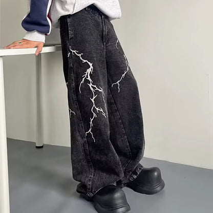 2024 Cyber Y2K Streetwear Embroidery Lightning Black Baggy Jeans Pants Men 90S Vintage Clothes Wide Leg Hip Hop Long Trousers