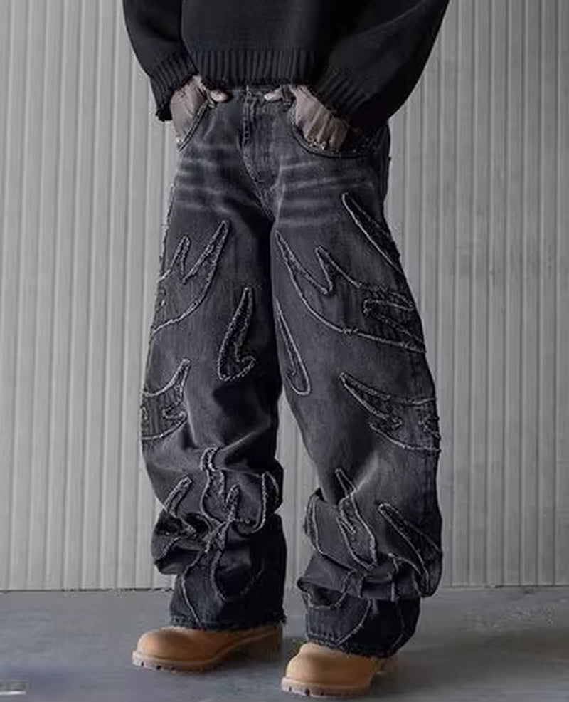 Baggy Jeans for Men Y2K Hip Hop Distressed Retro Black Pants Oversized Embroidery Harajuku Gothic Wide Leg Trousers Streetwear