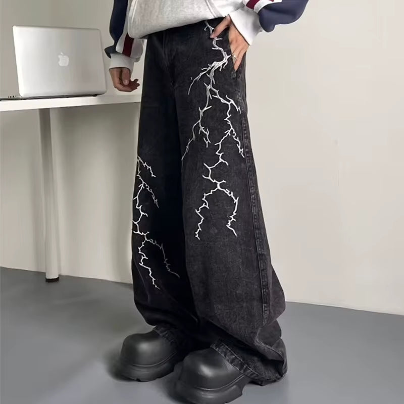 2024 Cyber Y2K Streetwear Embroidery Lightning Black Baggy Jeans Pants Men 90S Vintage Clothes Wide Leg Hip Hop Long Trousers