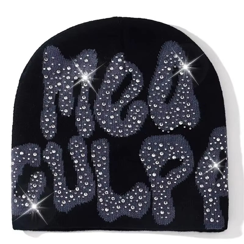 2023 NEW Y2K MEA Culpa Beanies Hat with Rhinestone for Women Men Beanies Hats Hip-Hop Soft Stretch Warm Knitted Slouchy Cap